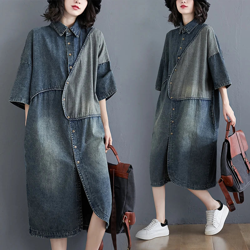 Boutique Wholesale 2026 Spring Retro Art Irregular Spliced Shirt Skirt Mid Length Loose Slim Denim Women's Dress