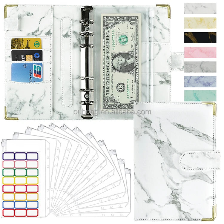 2026 New Design Money Organizer Wallet Sticker Label Inserts Set A6 Marble Cash Budget Binder With Zipper Envelopes
