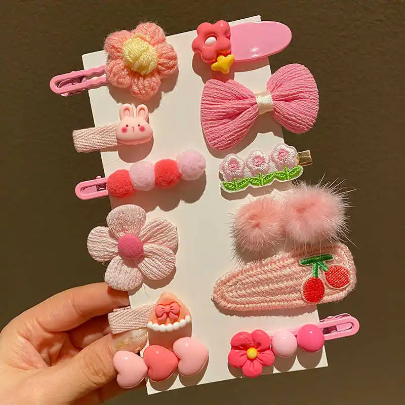12pcs/set High Quality Korean Handmade Princess Kids Plush Hair Accessories Cute Girls Bow Hair Clips Flower Baby Hair Clips Set