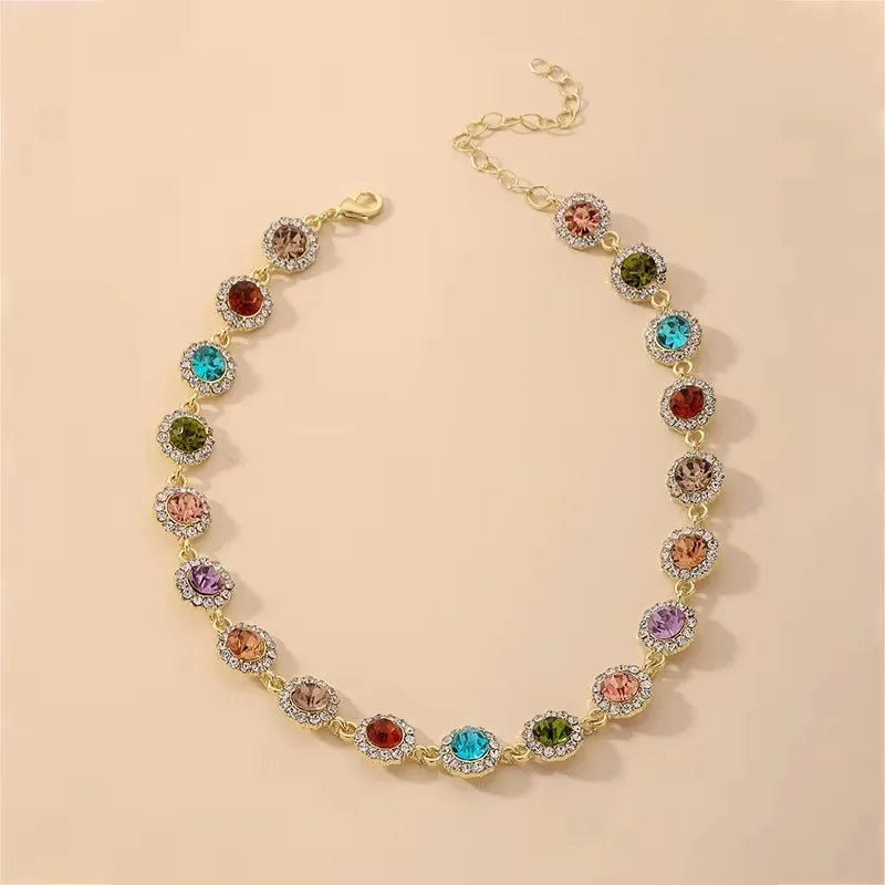 Fashion Colorful Round Inlay Rhinestone Collar Chain Vintage Court Style Personality Niche Versatile Necklace Jewelry