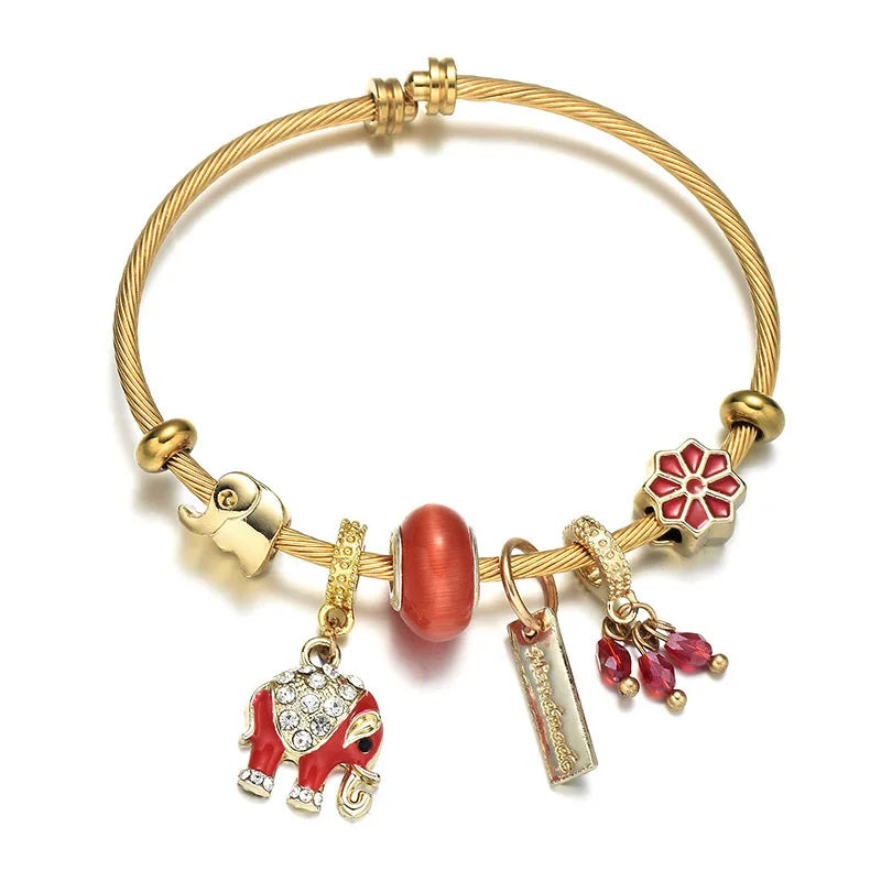 Fashion 18K gold plated Stainless Steel Adjustable Bracelet DIY Elephant Pendant Beaded Charm Bracelet for Women
