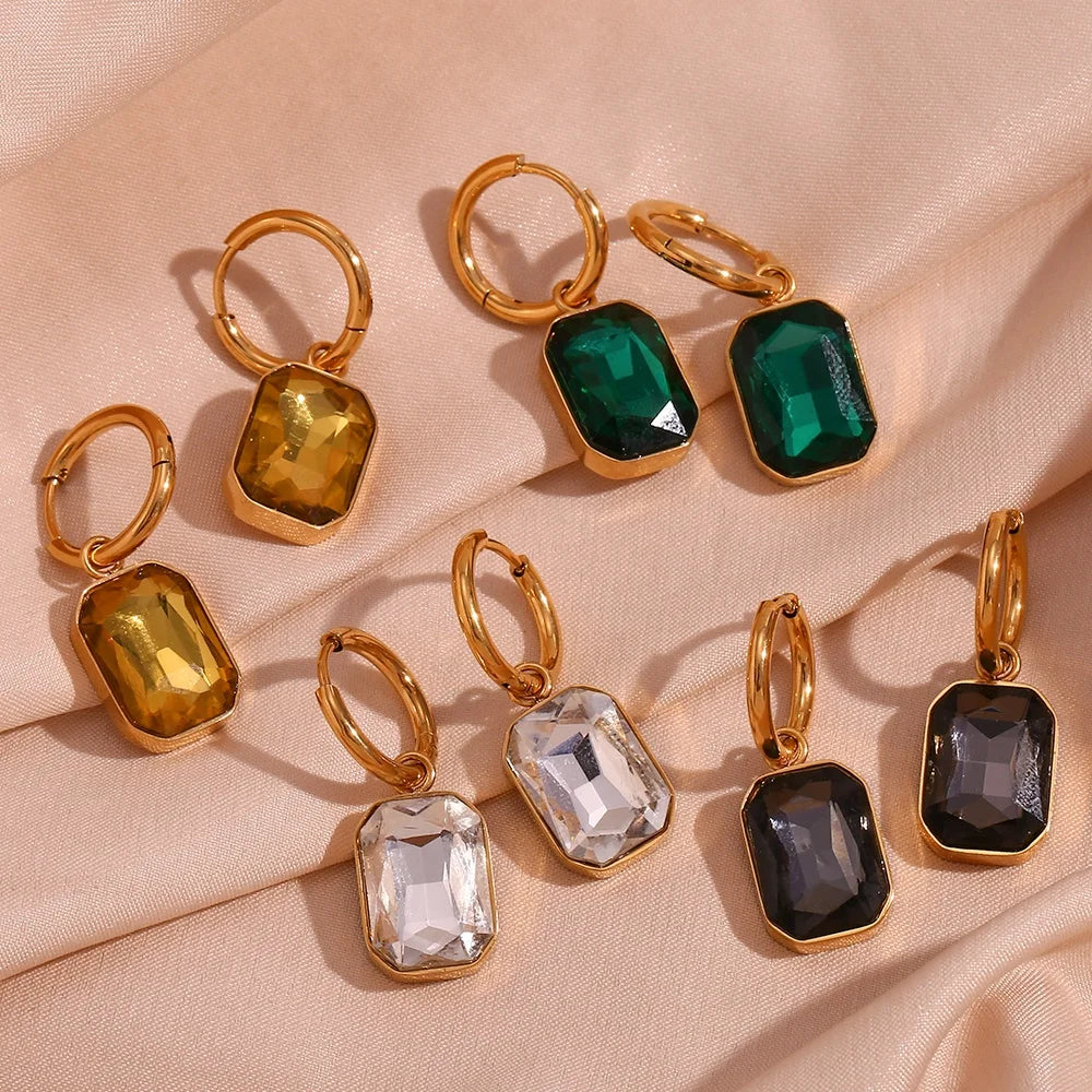 Dreamshow Jewelry Square Shining Zircon Drop Earring Colorful Summer Jewelry 18k Gold Plated Stainless Steel Earrings