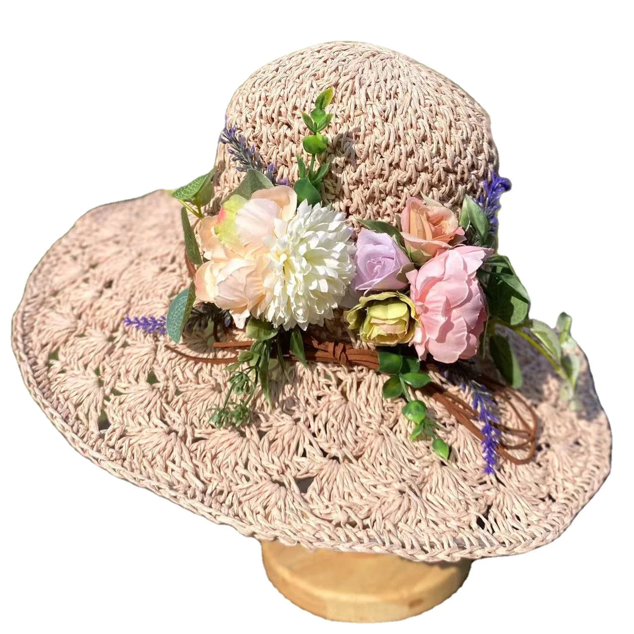 Hollow Woven Beach Straw Hat for Women Fashion Large Wide Brim Flower Hats Handmade Roll up Floppy Sun Hat for Summer Beach Cap