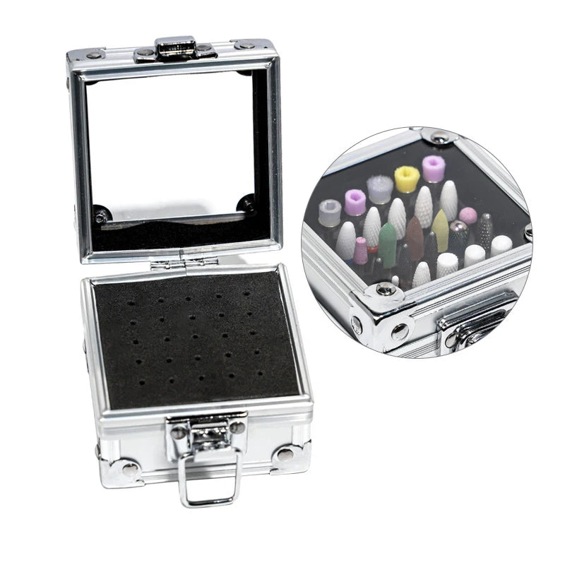 Professional 25 Holes Nail Drill Bit Storage Case Dustproof Aluminum Box for Display in Nail Salons Plastic Material