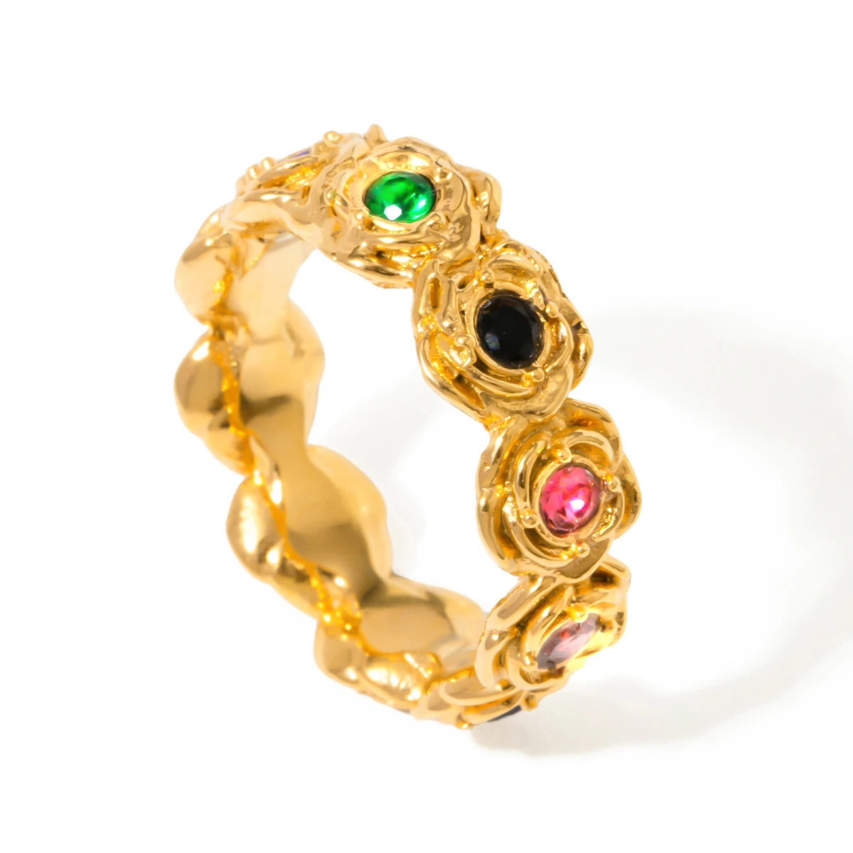 J&D Vintage Luxury Stainless Steel 18K Gold Rings Inlaid Colorful Cubic Zirconia Rose Flower Rings MegaBDM