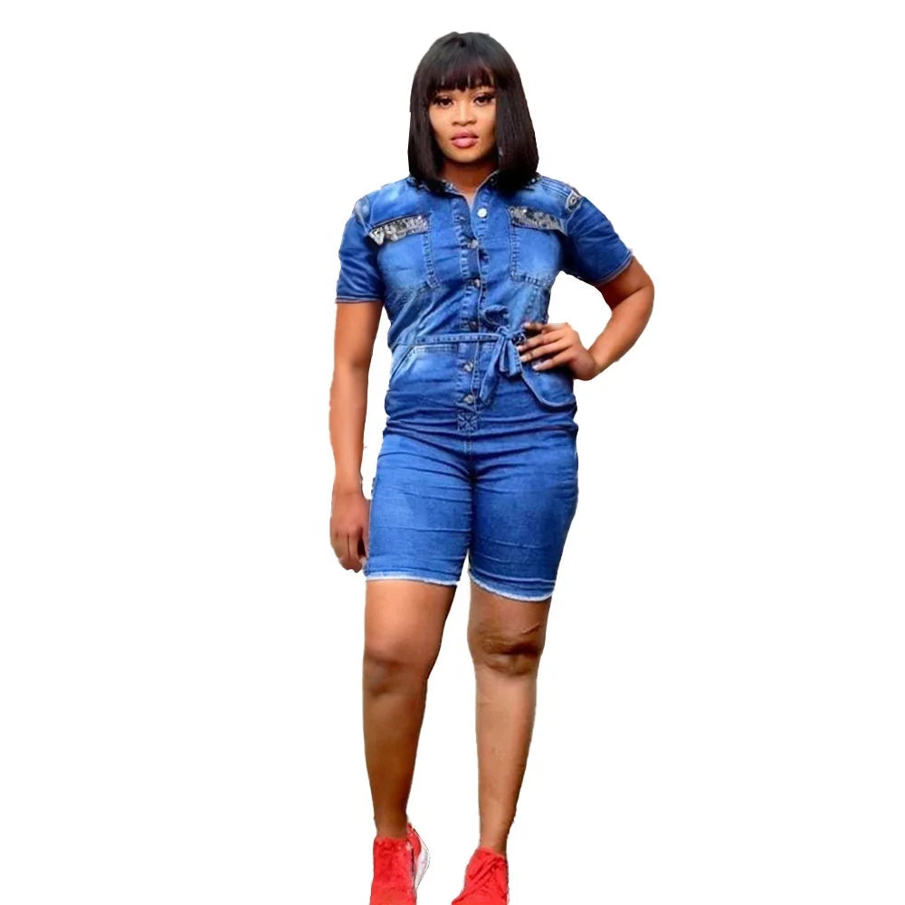 Best African Jeans Denim Jumpsuit Women Cannon Ball Rhinestone Women Stretchy Jeans Short Jeans for Women