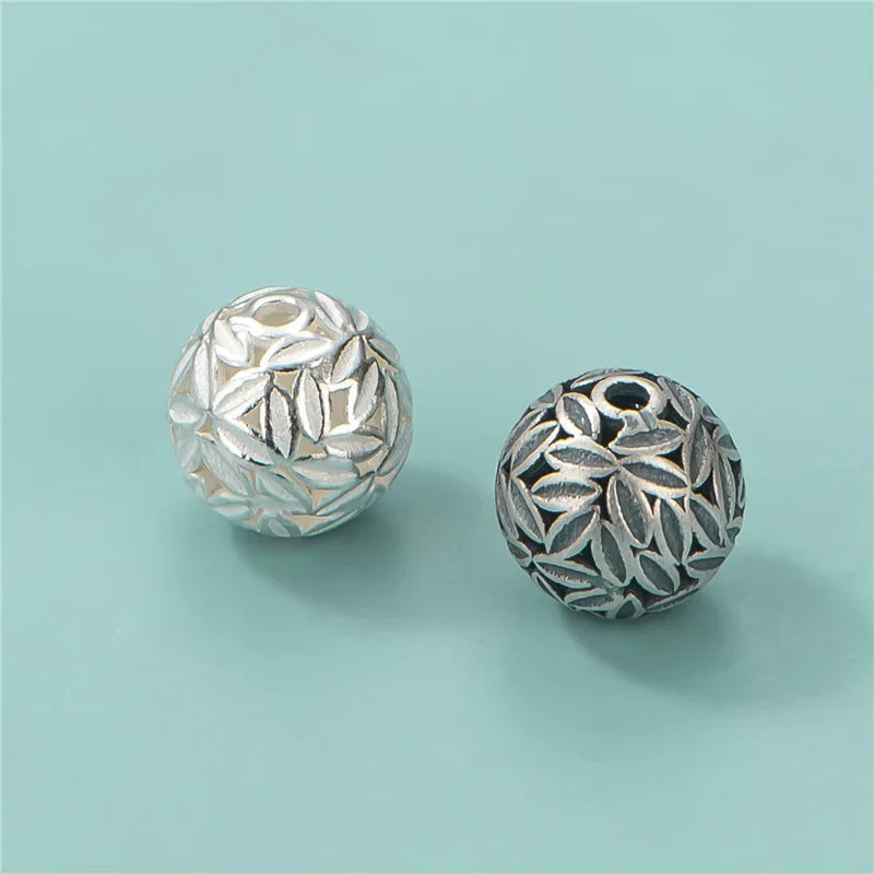10mm Oxidized 925 Sterling Silver Leaves Hollow Round Spacer Beads for Diy Jewelry Accessories