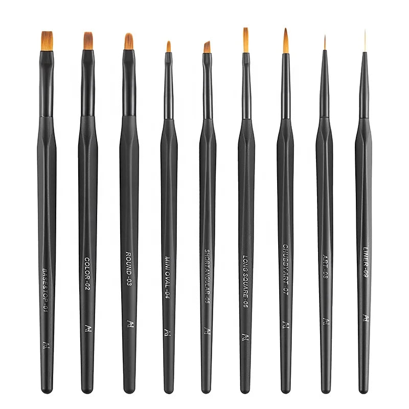 A Set of 9pcs Popular Nail Brush Kit with High Quality PTT Nylon Hair Black Resin Handle Nail Gel Liner Brush for Nail Salon BW1