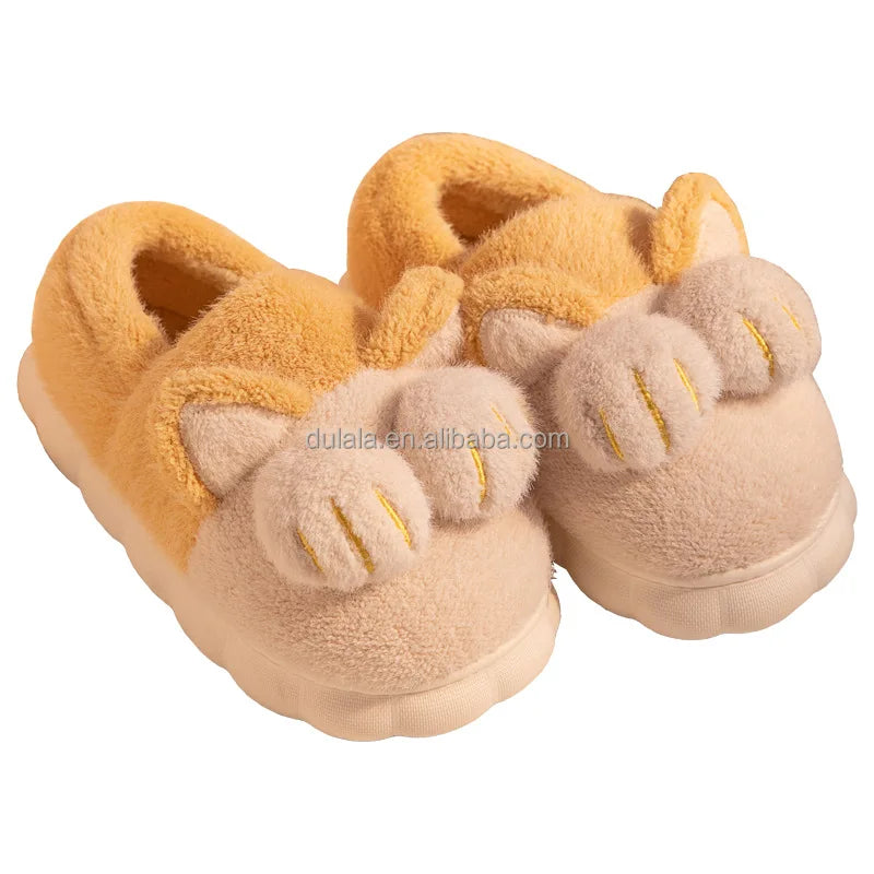 Cat's Paw Ear Women's Thick Soles Autumn and Winter 2022 New Full Heel Anti-skid Animal Plush Slippers