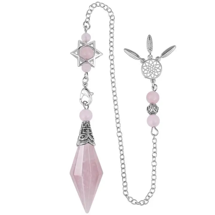Natural Faceted Healing Crystal Point Pendulum for Divination Pointed Quartz Stone Pendant with Merkaba Star and Dream Catcher