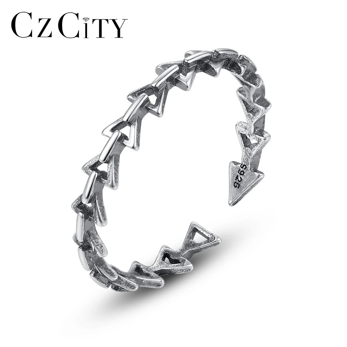 CZCITY Genuine 925 Sterling Silver Open Rings for Men and Women Triangle Design Finger Punk Rings