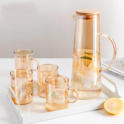 Kettle Pitcher Amber Colour Water Juice Coffee Milk Glass Borosilicate Glass Cup Handmade Modern Glassware Drinking WaterJug Set