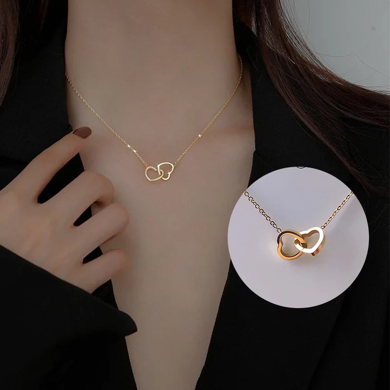 Gold Stainless Steel Gold Chain Necklace Double Heart Mother's Day Necklace Mom Heart Pendant Necklace for Women