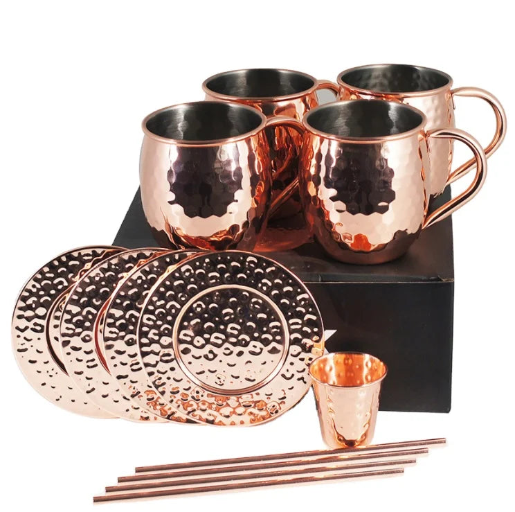 Cocktail Mugs with Gift Box Moscow Mule Copper Mug Straw Coaster Beer Coffee Drinking Mug Set of 4