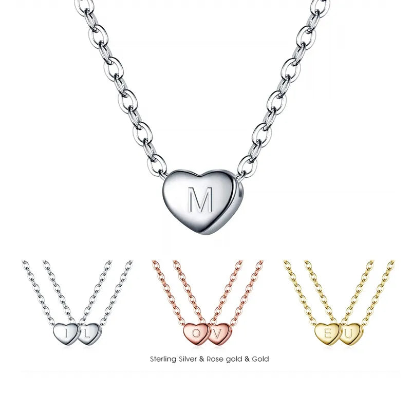 925 Sterling Silver Tiny Initial Engraved Heart Pendant Choker Necklace