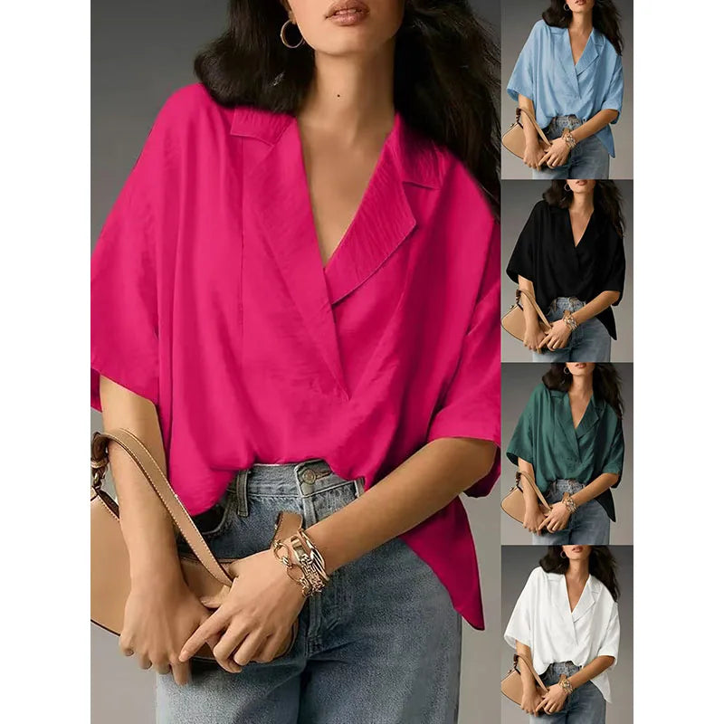 RNSHANGER Summer New Women Short Sleeve Shirt Casual Large V-Neck Elegant Pleated Loose Fit Solid Color Women's Shirts