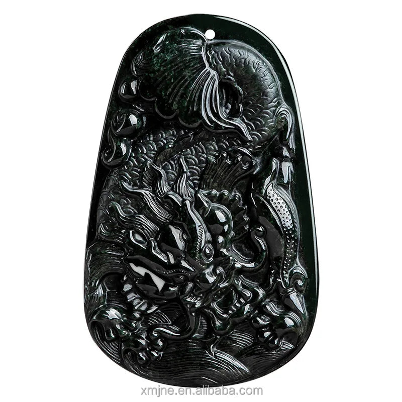 Certified Grade a Natural Ink Green  Jadeite Fish Leap Dragon Gate Dragon Head Fish Jade Pendant Zodiac Dragon Ice Seed Pendant