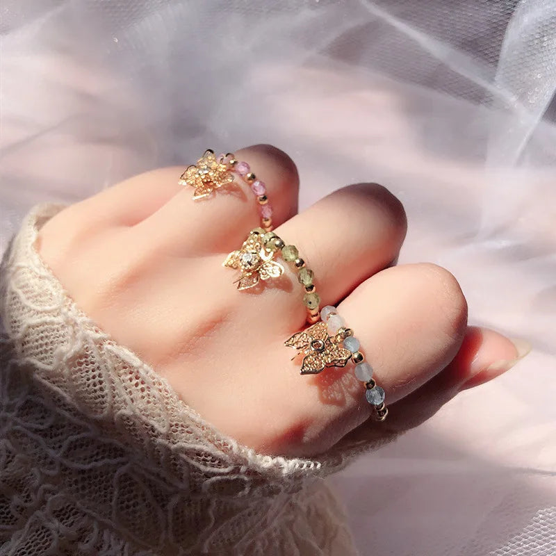 Korea Style 2022 New Trend Adjustable Ring Alloy Super Fairy Butterfly Ring Fashion Natural Stone Beaded Ring For Women