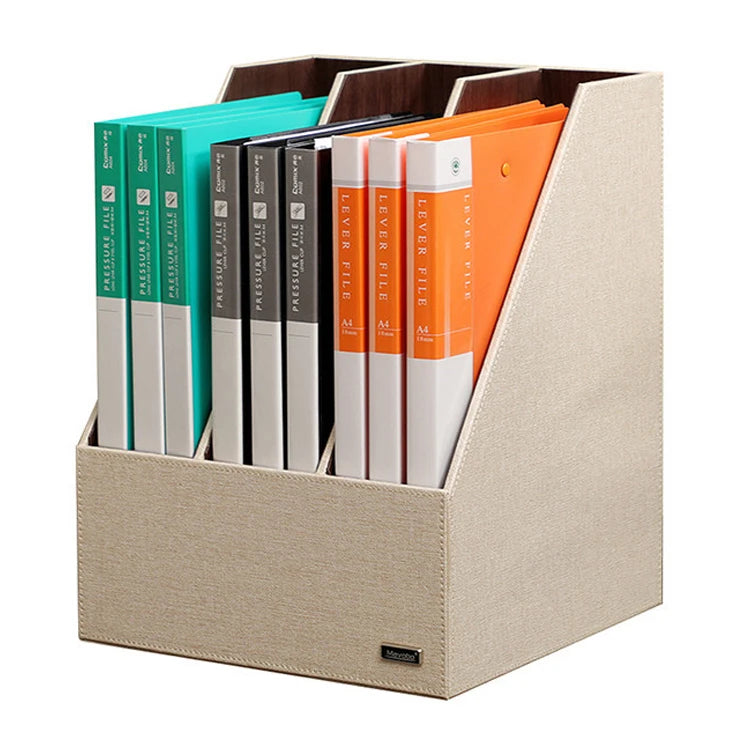 MAVOBO Cheap Customize Leather Office Desktop Document Shelf with 3 Holder Dividers Desk File Organizer Rack Folder Storage Box