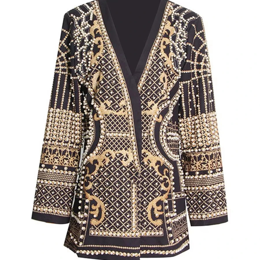 2025 New V-neck Fashionable Fine Workmanship Solid Luxury Nail Bead Print High-end Sense Suit Long Sleeved Jacket