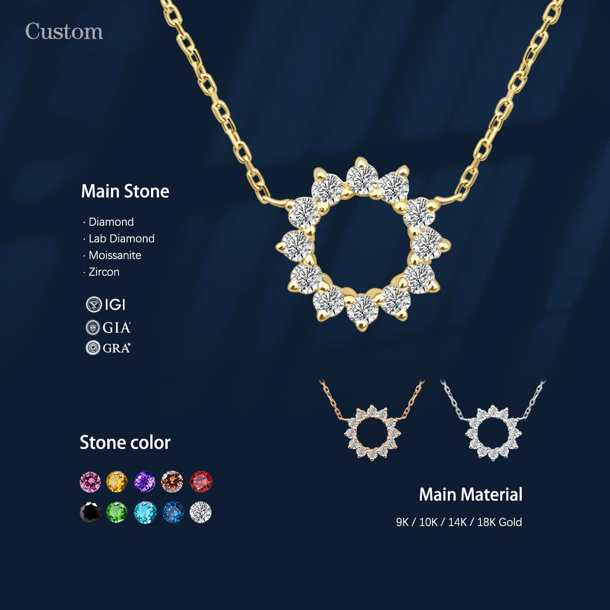 Au 750 14K 18K Yellow Gold Charm Necklace with Lab Diamond and Moissanite Sunflower Design Brilliant Cut Link Chain for Women