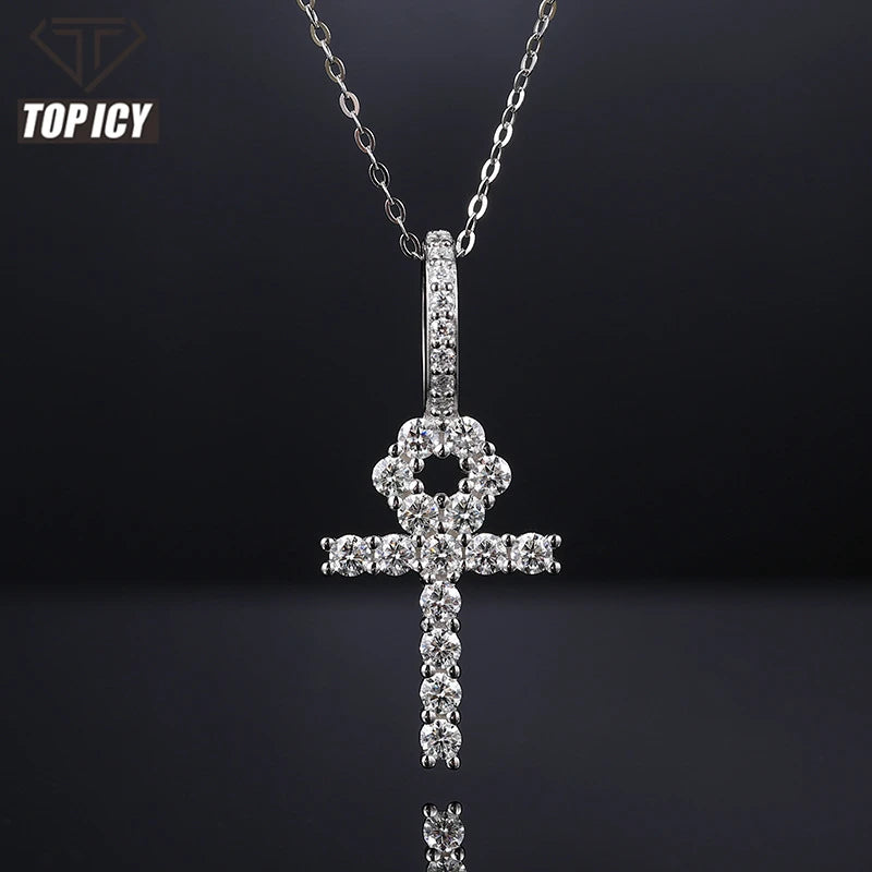 Top Icy Premium Quality 925 Sterling Silver with Moissanite Pendant Iced Out Full Diamond Ankh Cross Pendant Past Diamond Tester