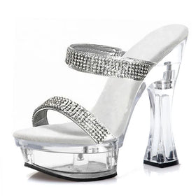 14cm Gothic Crystal Summer Open Toe Sandals with Thick Heel Platform Anti-Slip Rhinestone for Slippers Stripper Style
