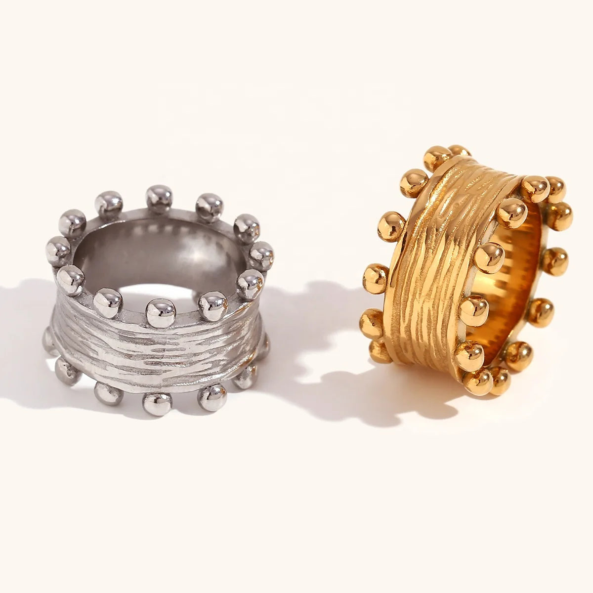 Dingran New Trendy Engraved Bead Stainless Steel Rings 18K Gold Plated Tarnish Free Boho Jewelry