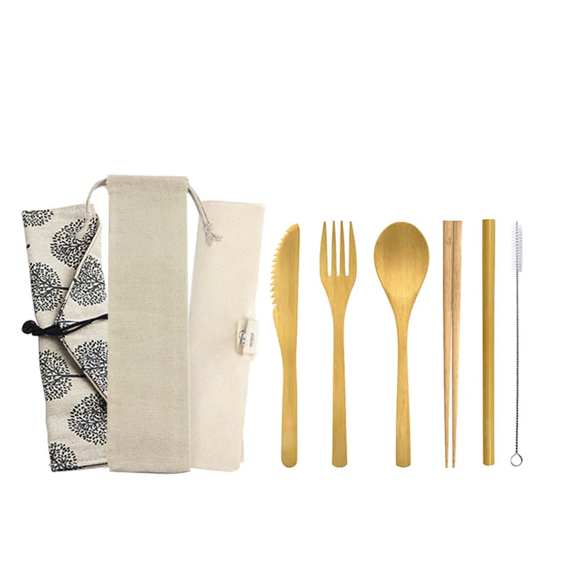 Wholesale Eco Friendly Biodegradable Portable 6Pcs Bamboo Travel Cutlery Set Knife Fork Spoon Straw With Custom Logo Cloth Bag