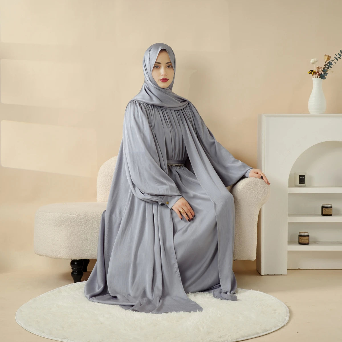 Large Pleated Lantern Sleeve 4-Piece Modest Abaya Set Plus Size Muslim Prayer Dress Khimar Hijab Dubai Kaftan for Women for