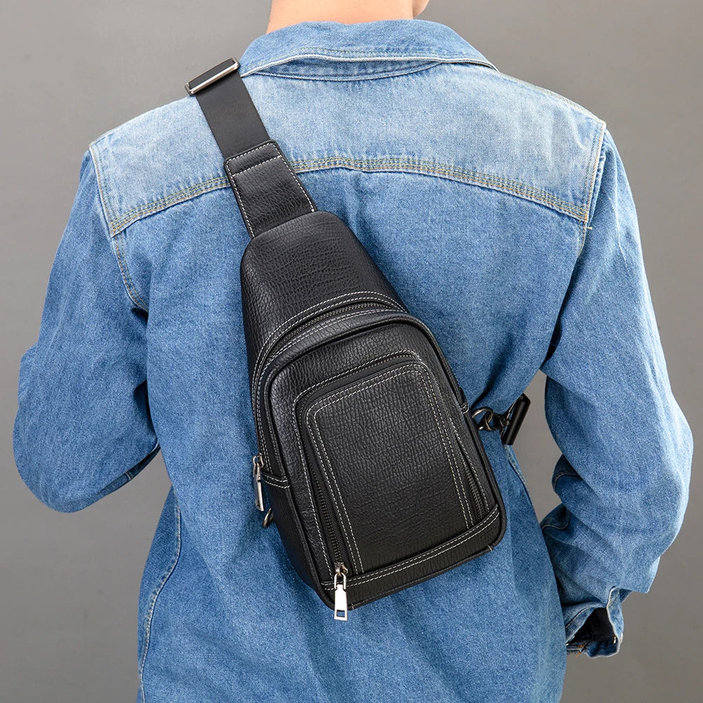 Marrant Casual Daypack Cowhide Leather Men Chest Shoulder Crossbody Bag Genuine Leather Sling Bag Chest Bags for Men