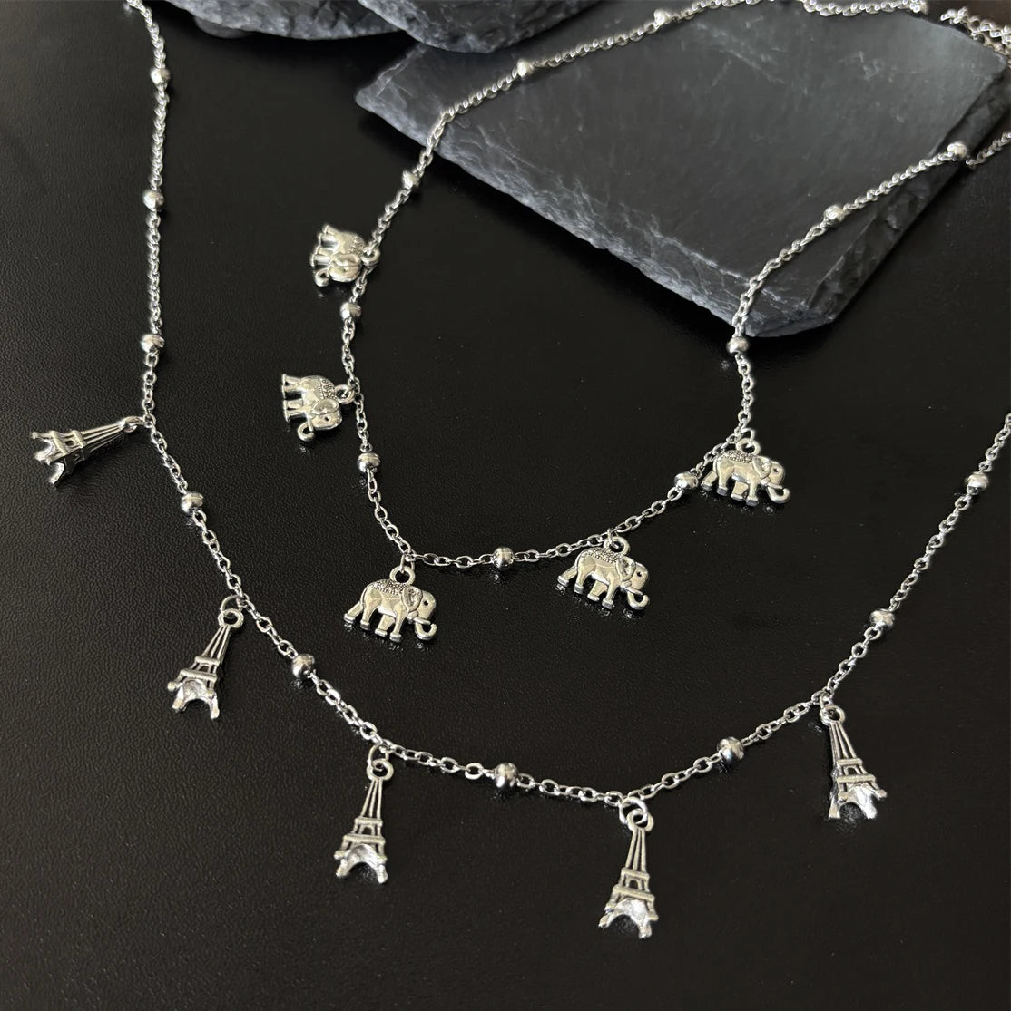2026 New Stainless Steel Chain Elephant Tower Pendant Collarbone Chain Simple Fashion Women's Silver Pendant Necklace