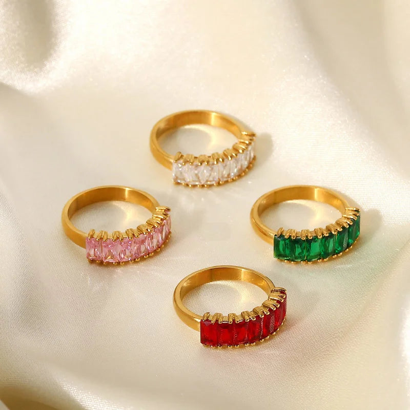 Waterproof Chunky 18K Gold Plating Square Color Zircon Ring Stainless Steel Chunky Green Cubic Zirconia Rings for Women