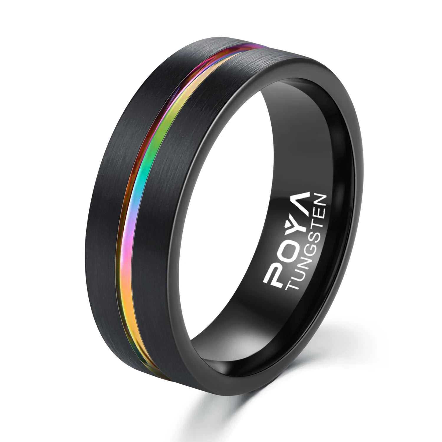 POYA 8mm Black Tungsten Carbide Ring Rainbow Plated Grooved Engagement Wedding Bands for Men Women