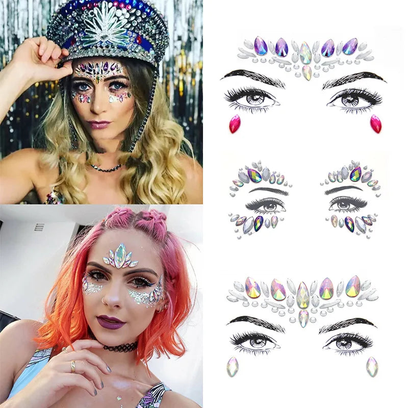 Hot-Selling Elegant Gem Design Face Tattoo Stickers for Girls & Women Crystal Jewels & Rhinestones for Parties