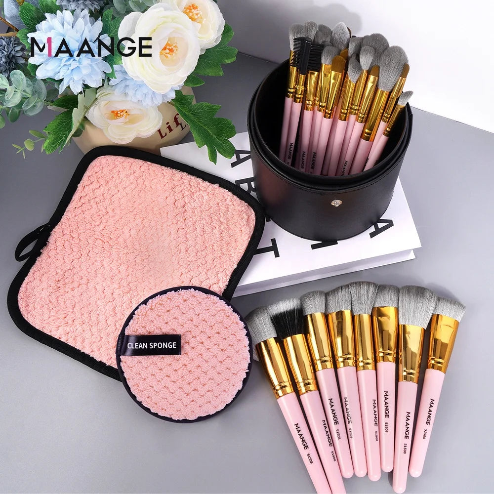 MAANGE Professional Cosmetic Brush Set 32pcs Luxury Fan Brushes Sponge Puff Bag Face Concealer Application  Makeup Brush Set