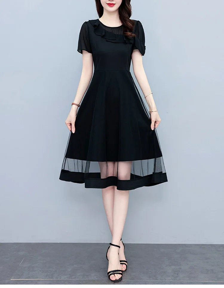 Gauze Patchwork Midi Dress Female Clothing Casual Solid Color O-Neck Summer Commute Korean Dresses