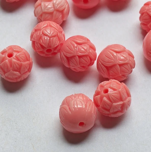 10mm Pink Coral Shell Carved Round Lotus Flower Loose Beads Gemstone DIY Charm Bracelet Jewelry