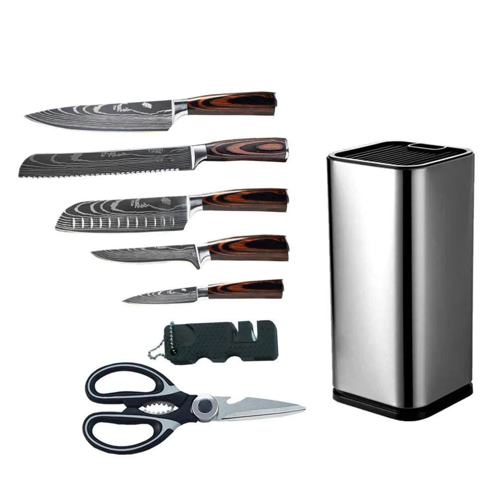 2021 Kitchen Chef Set Stainless Steel Knife Utility Cut Cleaver Bread Paring Knives Scissors Sharpener with Wood Handle