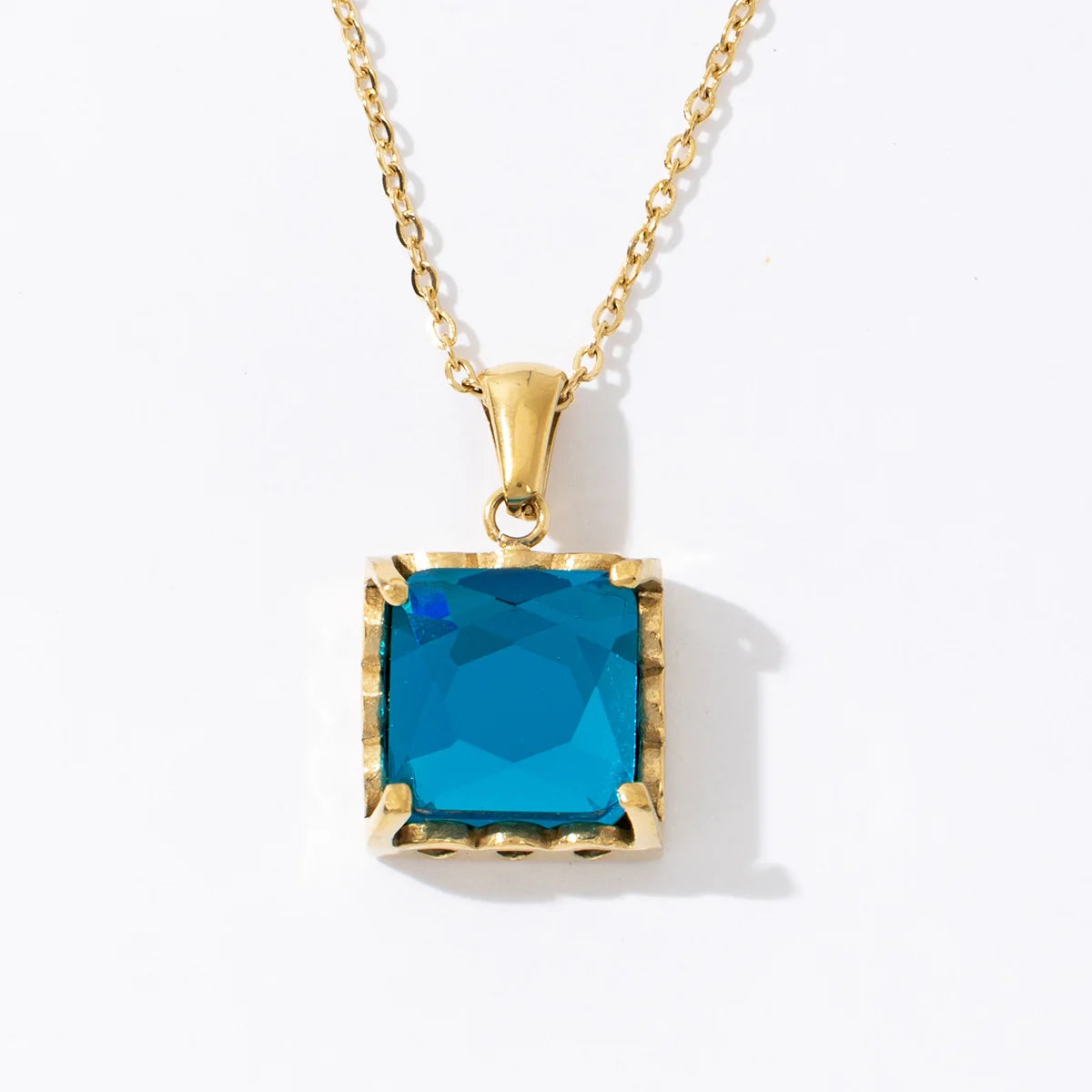 Vintage Simple Blue Zircon 18K Gold Stainless Steel Square Design Pendant Necklace