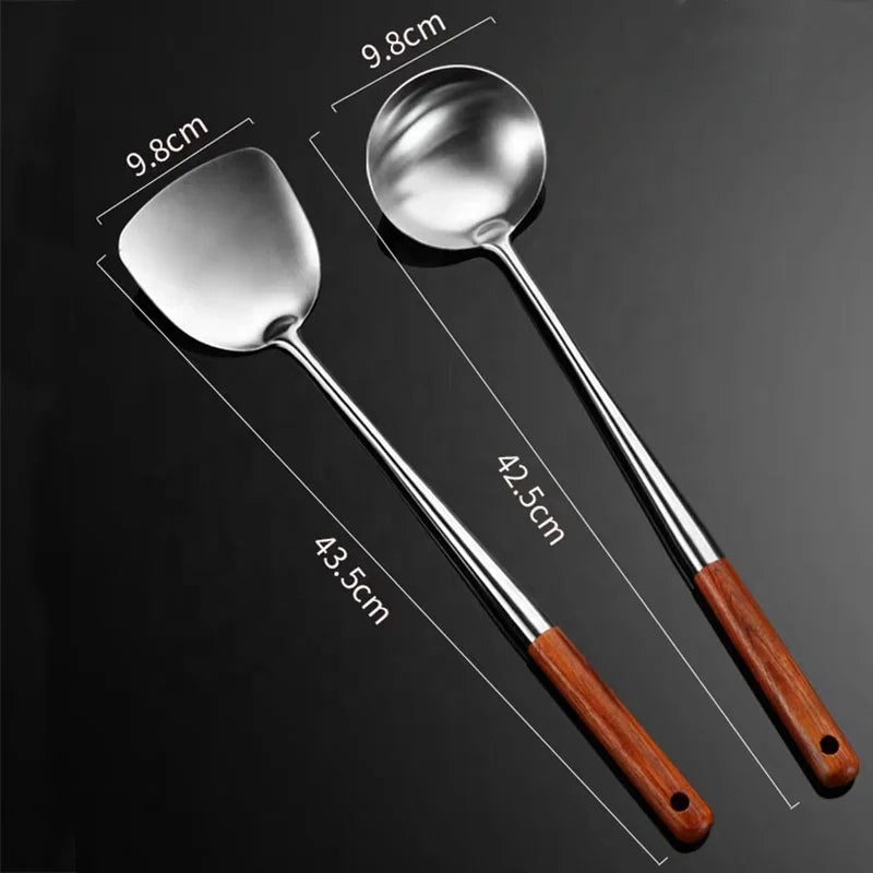 Long Handle 17 Inch Chef Stainless Steel Specialty Chinese Wok Utensil Set Spatula and Ladle with Wooden Handle