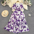 One Size Retro Floral Dress Summer Collection Waist V-neck Loose Bubble Sleeve Dress Large Hem Pleated Dress