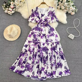 One Size Retro Floral Dress Summer Collection Waist V-neck Loose Bubble Sleeve Dress Large Hem Pleated Dress