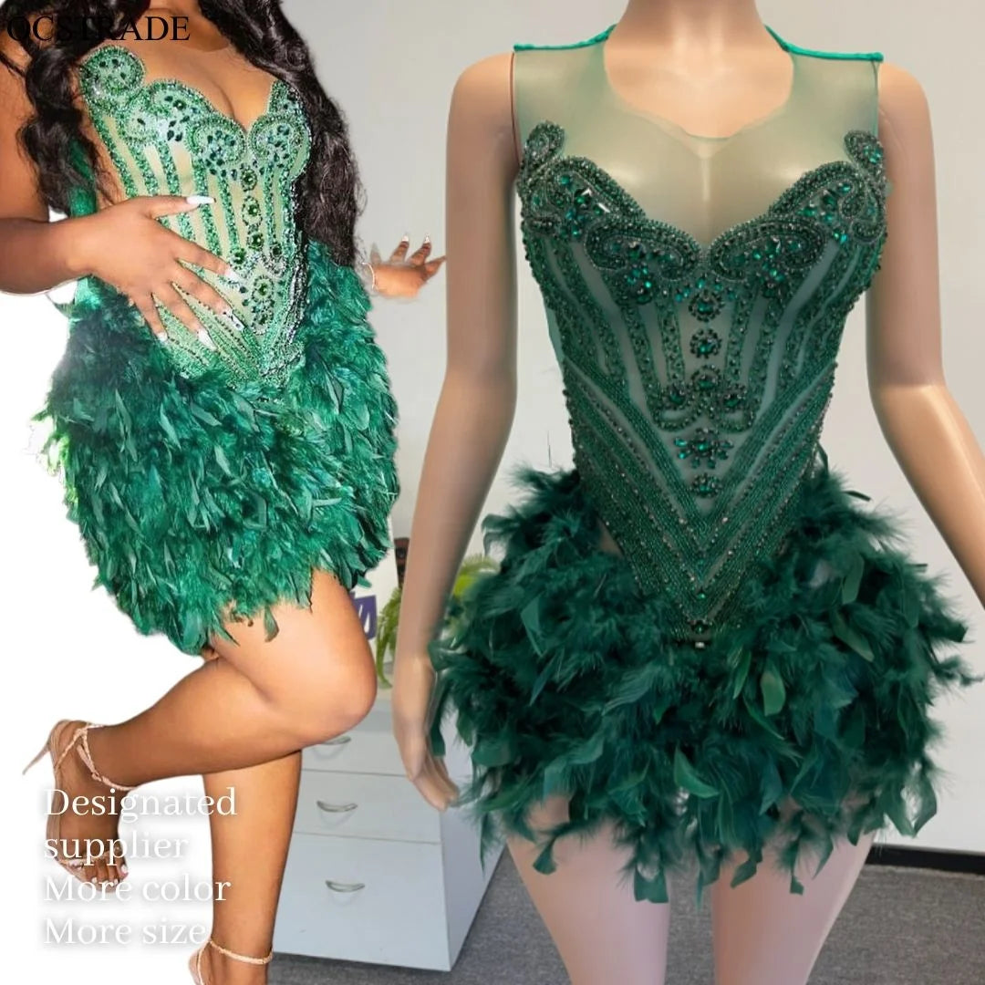 Ocstrade Sexy Emerald Green Club Dress Rhinestone Birthday Dresses Women Sexy Diamonds Sleeveless Mesh Birthday Dresses Women