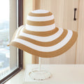 Women Natural Straw Striped Hat Derby Beach Sun Hat Lady Summer Wide Brim UV Protect Hats
