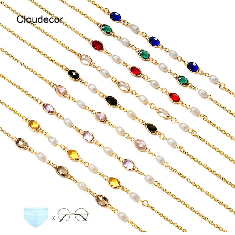 Vintage Stainless Steel Eyeglasses Chain Rhinestone Freshwater Pearl PVD Gold Masked Holder Safety Natural Pearls Glasses Chain
