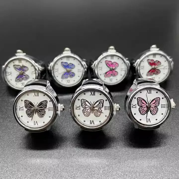 Vintage Mini Multicolor Butterfly Pattern Rings Small Finger Watch Ring Quartz Elastic Watch Designer Watches for Men Women
