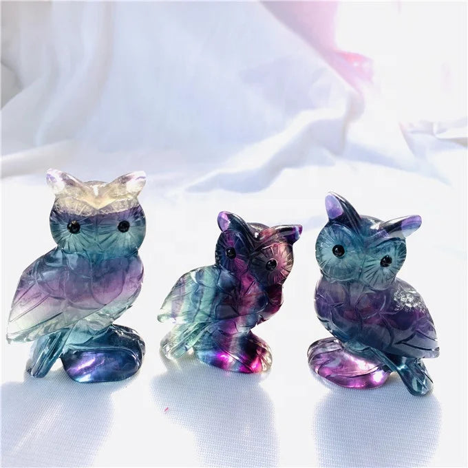 Natural Quartz rainbow Fluorite Carving Quartz Crystal Owl
