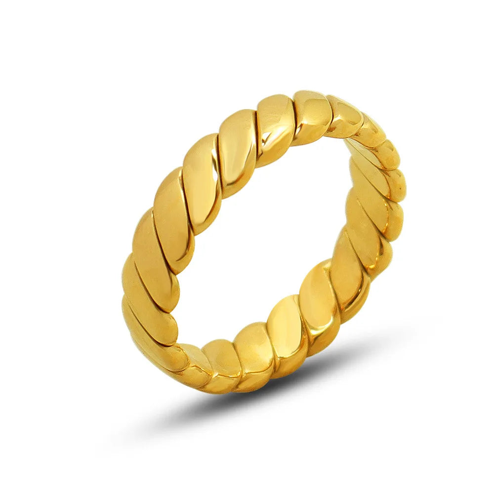High End 18K Plain Gold Twist Rope Rings Stainless Steel Trendy Simple Gold Plated Jewelry