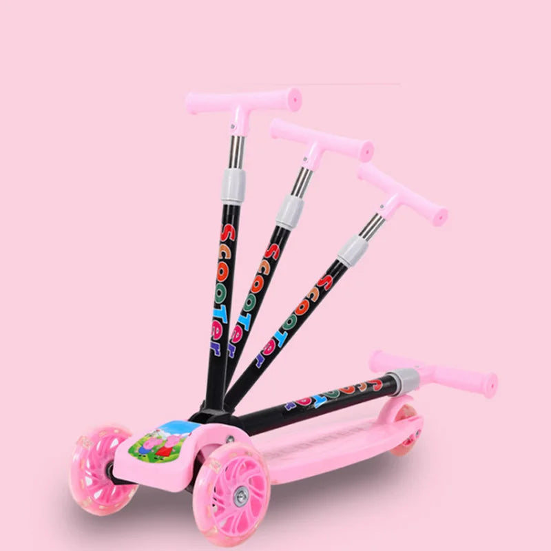 Adjustable Height 3-Wheeled Children's Scooter with Lights Foldable 3-8 Years Old Walk-Thru Scooter for Learning